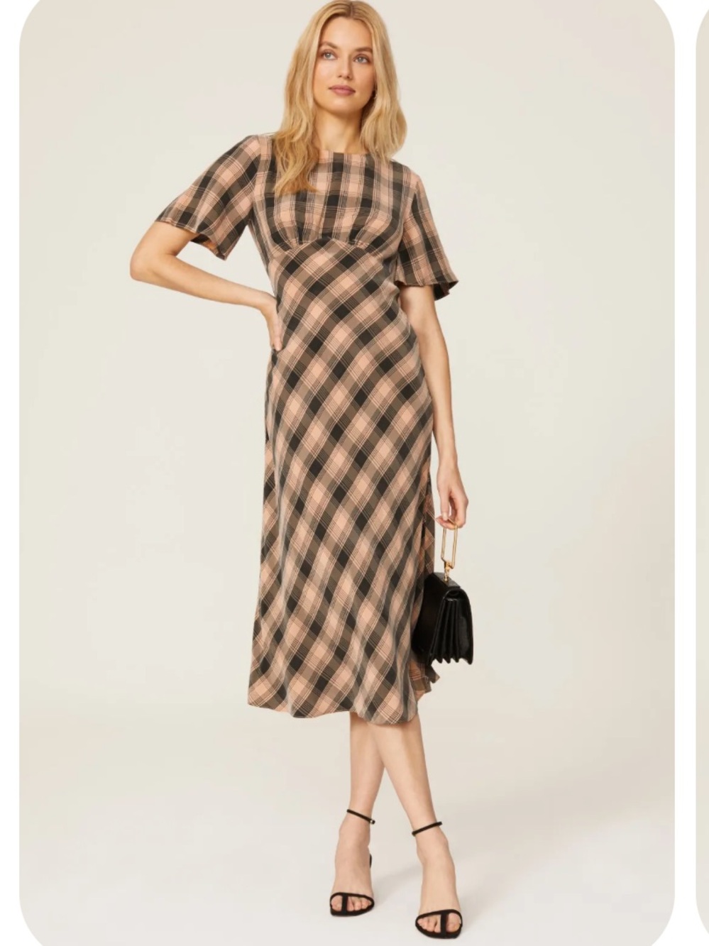 Third Form Checking Out Bias Dress Cupro Peach Plaid Puff-Sleeve Midi Dress size